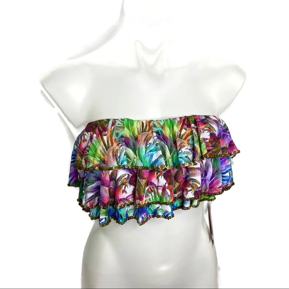 Pily Q Lanai Embroidered Ruffle Bandeau Bikini Top Size D Cup ties in Back NEW